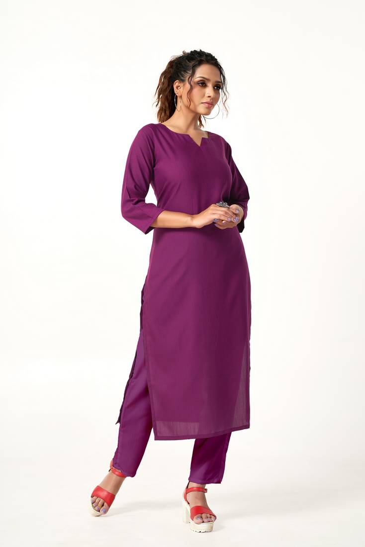 ASHWATH Purple Colour Solid Straight Kurta With Pant Set
