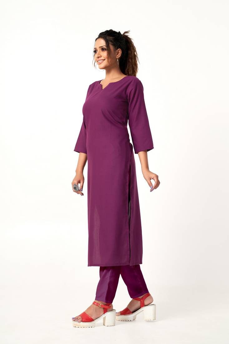 ASHWATH Purple Colour Solid Straight Kurta With Pant Set