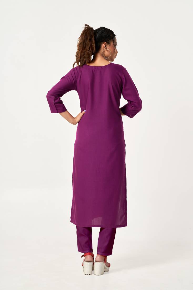 ASHWATH Purple Colour Solid Straight Kurta With Pant Set