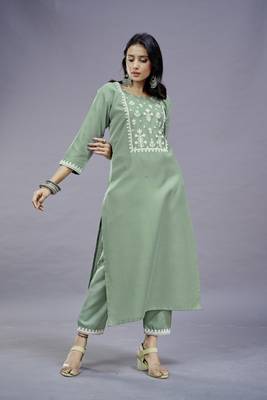 ASHWATH Green Embroidery Straight Kurta With Pant Set 4