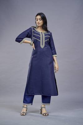 ASHWATH Navy Blue Embroidery Straight Kurta With Pant Set 1