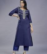 ASHWATH Navy Blue Embroidery Straight Kurta With Pant Set
