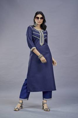 ASHWATH Navy Blue Embroidery Straight Kurta With Pant Set 2