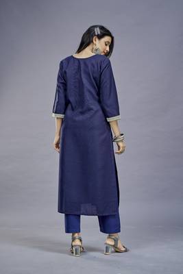 ASHWATH Navy Blue Embroidery Straight Kurta With Pant Set 3