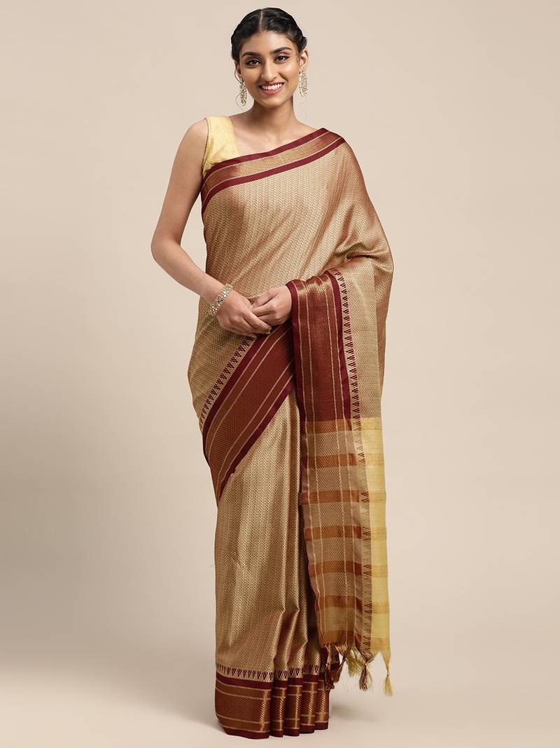 VASTRANAND Golden & Maroon Woven Design Banarasi Saree
