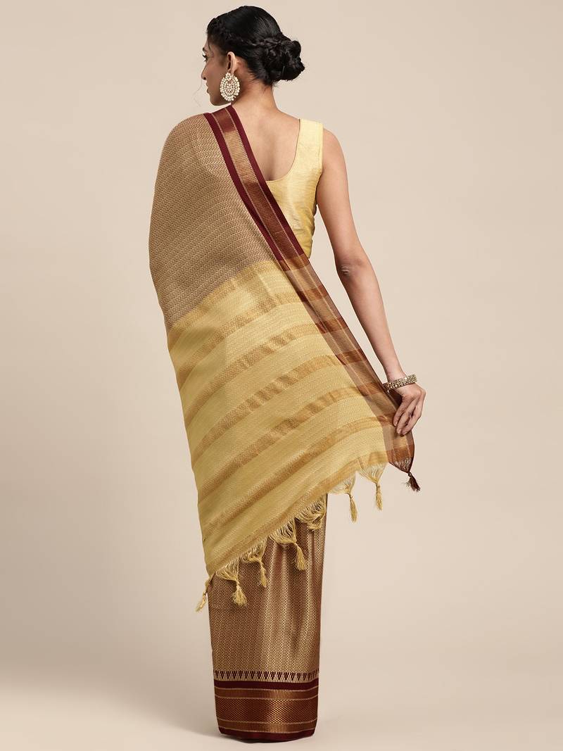 VASTRANAND Golden & Maroon Woven Design Banarasi Saree