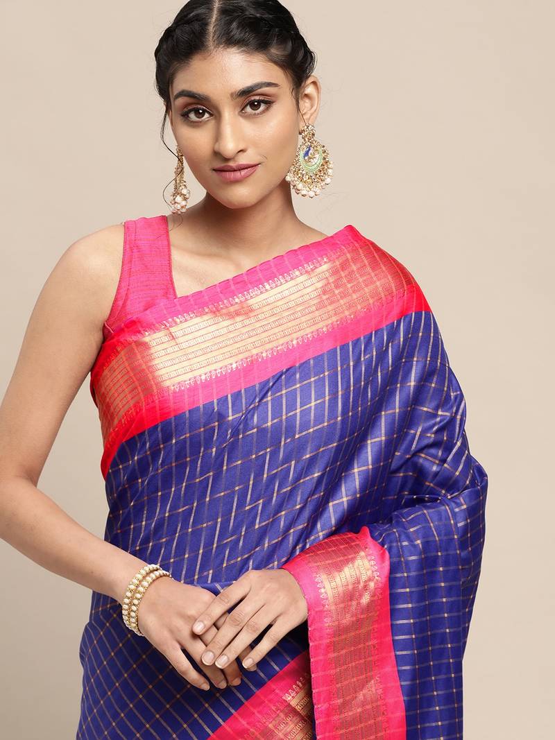 VASTRANAND Blue & Pink Checked Pure Silk Gadwal Saree