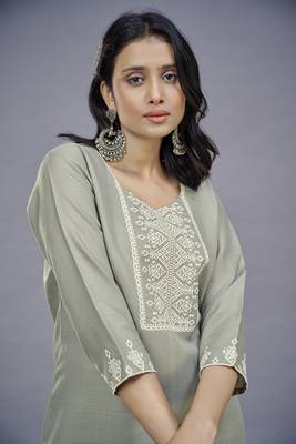 ASHWATH gREY Embroidery Straight Kurta With Pant Set 4