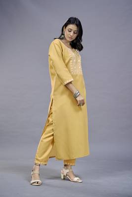 ASHWATH Yellow Embroidery Straight Kurta With Pant Set 1