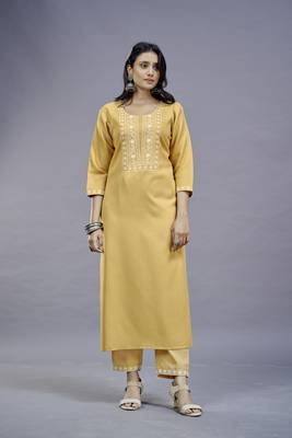 ASHWATH Yellow Embroidery Straight Kurta With Pant Set 2