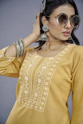 ASHWATH Yellow Embroidery Straight Kurta With Pant Set 4