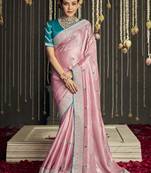 Light hot pink embroidered pure silk saree with blouse