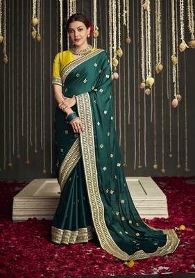 Dark green embroidered pure silk saree with blouse 1