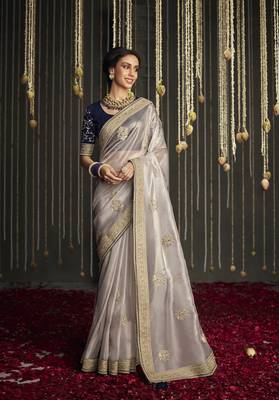 Light grey embroidered pure silk saree with blouse 1