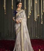 Light grey embroidered pure silk saree with blouse