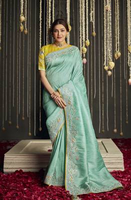 Light sea green embroidered pure silk saree with blouse 1