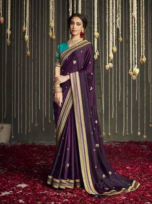 Dark violet embroidered pure silk saree with blouse 1