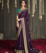 Dark violet embroidered pure silk saree with blouse