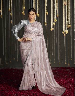 Light pink embroidered pure silk saree with blouse 1