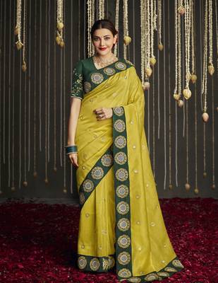 Mustard embroidered pure silk saree with blouse 1