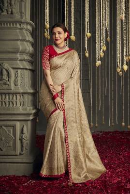 Beige embroidered pure silk saree with blouse 1