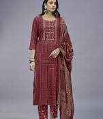 ASHWATH Embroidery Printed Rayo Cotton Straight Kurta With Pant And Dupatta