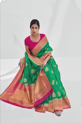Green Color Silk Organaza Zari woven Saree 2