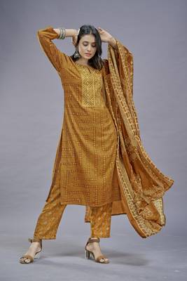 ASHWATH Embroidery Printed Rayon Cotton Straight Kurta With Pant And Dupatta 1