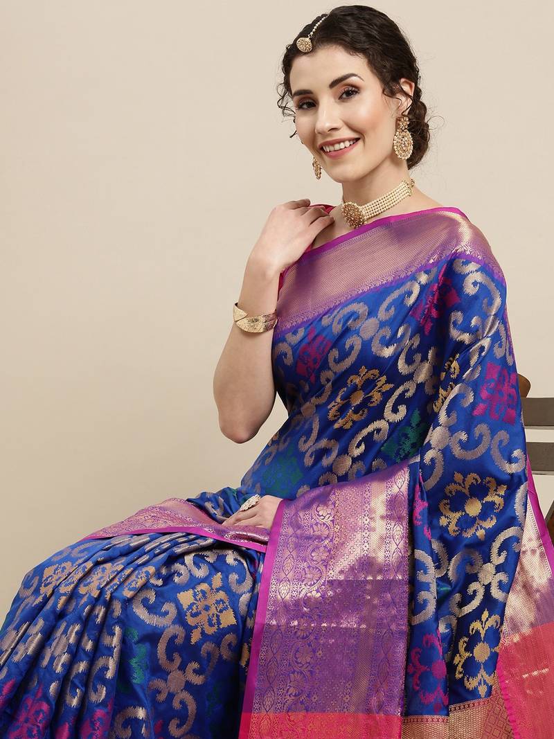 Multi Floral Woven Design Silk Blend Saree With Unstitched Blouse Piece