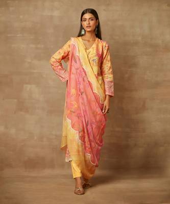 Rivaage Lemon Yellow Cotton Linen Unstitched Printed Suit. 5