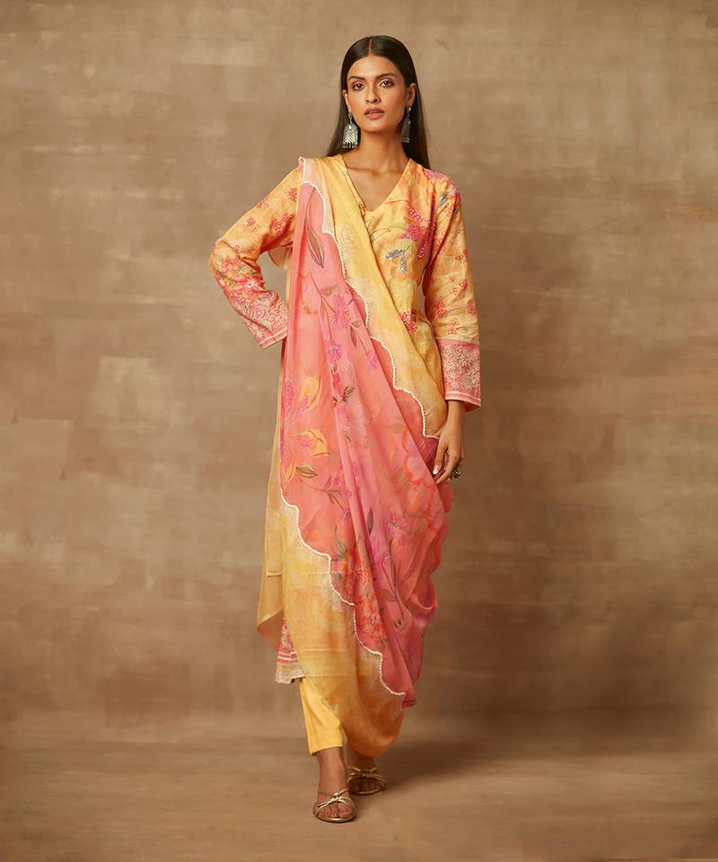 Rivaage Lemon Yellow Cotton Linen Unstitched Printed Suit.