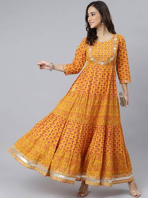 Mustard printed cotton ethnic-kurtis 1