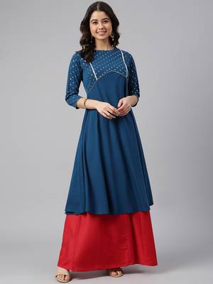 Teal printed crepe ethnic-kurtis 1