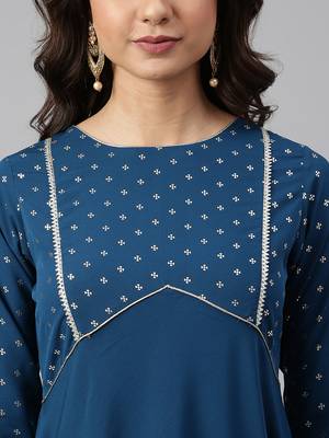 Teal printed crepe ethnic-kurtis 4
