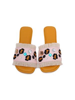 Baby Pink Leopard Fringe Flats 1