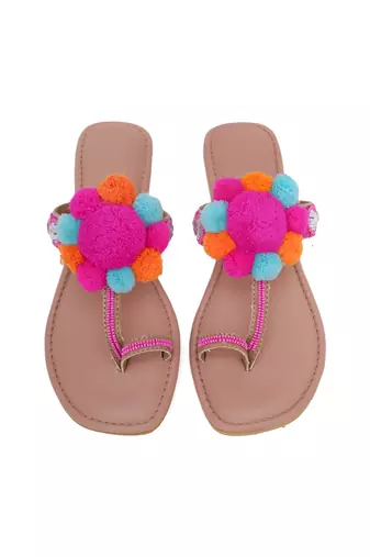 Pink Pom Pom Kolhapuri Flats