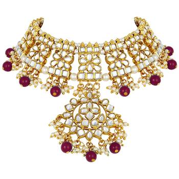 Traditional Handcrafted Kundan & Pearl Studded Choker Necklace Jewellery Set With Earrings 3