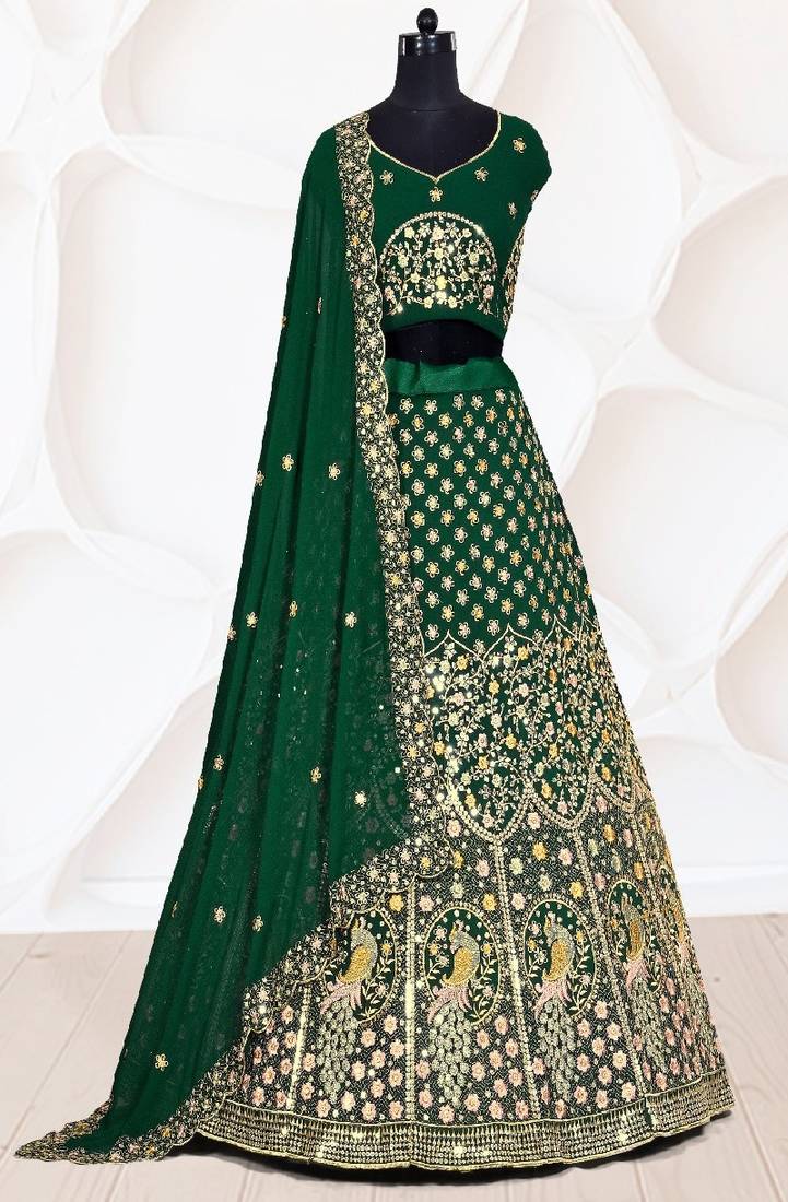Green Peacock Embroidered Embellished Georgette Lehenga Choli ...