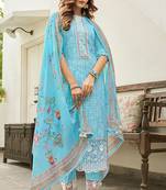 Resplendent pure cotton light blue printed salwar suit dupatta