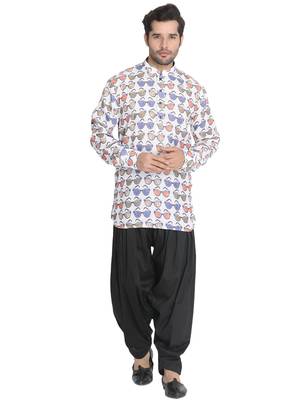 Men'S White Cotton Blend Kurta And Patiala Set 1