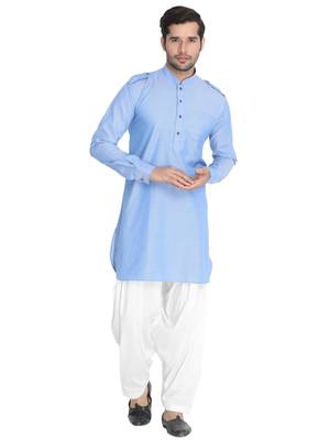 Blue Woven Blended Cotton Pathani-Suits 1