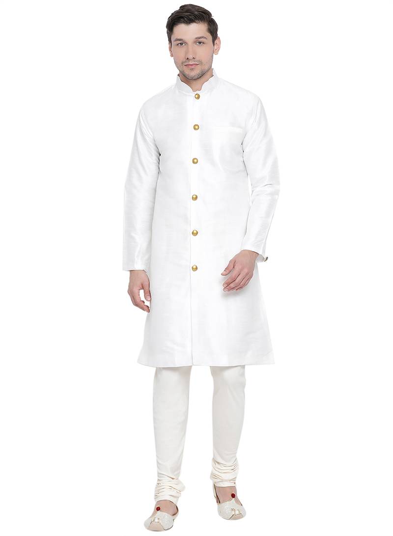 White plain silk blend sherwani
