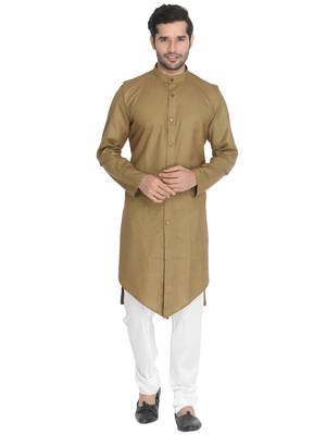 Brown woven blended cotton kurta-pajama 1