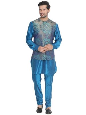 Blue woven blended cotton kurta-pajama 1
