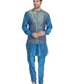 Blue woven blended cotton kurta-pajama