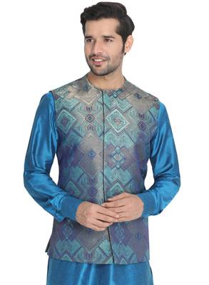 Green woven silk blend nehru-jacket 1