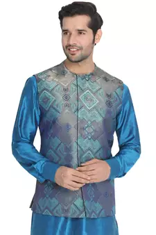 Green woven silk blend nehru-jacket