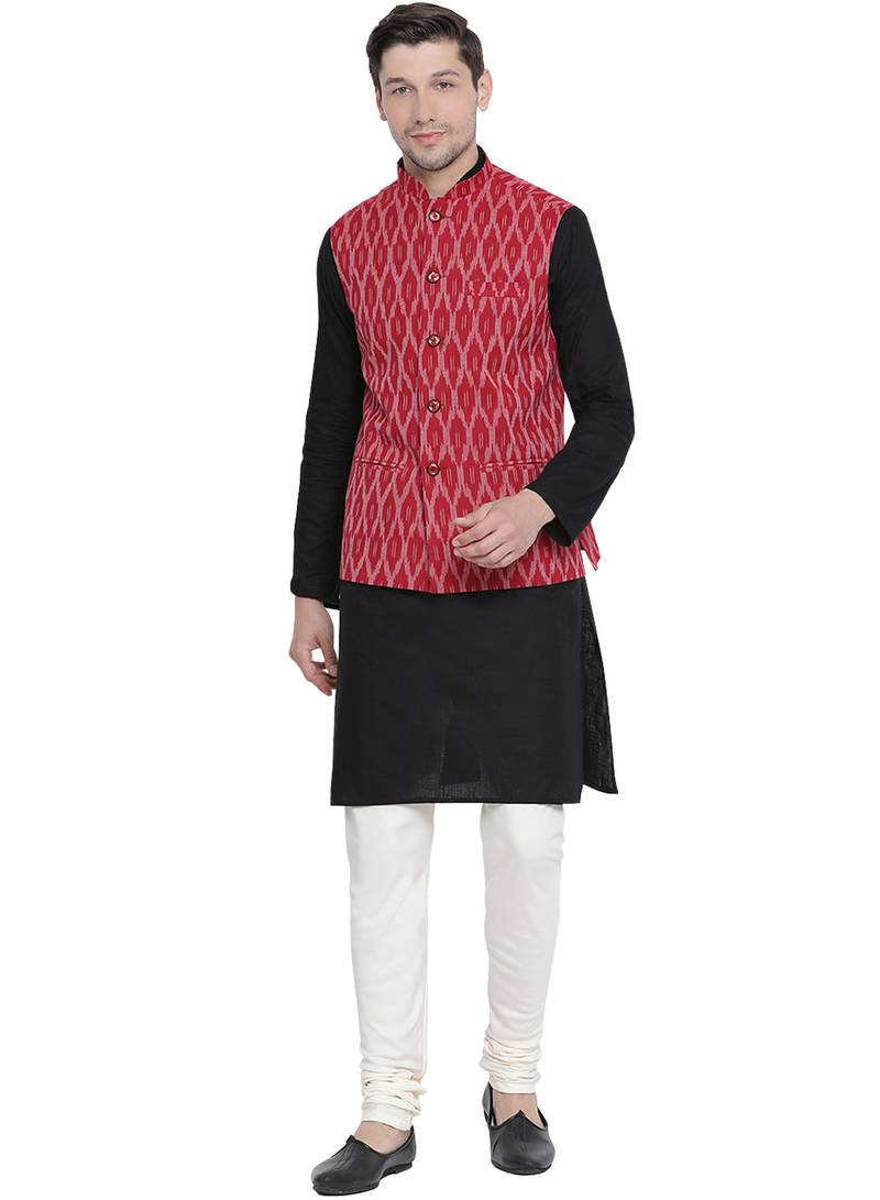 Black woven linen kurta-pajama