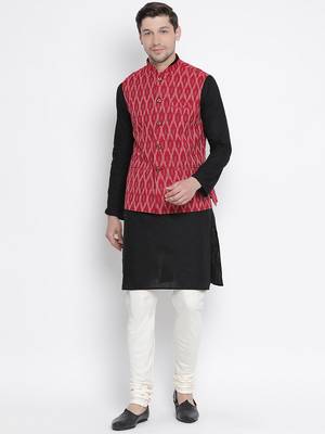 Black woven linen kurta-pajama 2