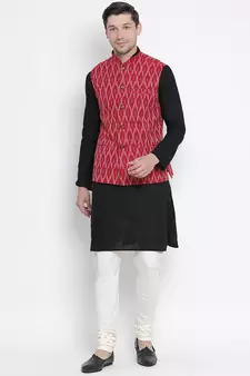 Black woven linen kurta-pajama